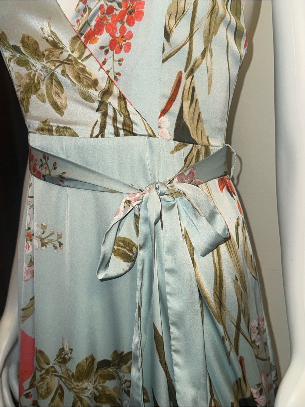 Lulu's Soft Sage Floral Belt Tie Maxi Dress with Coral Accents - Picture 5 of 14